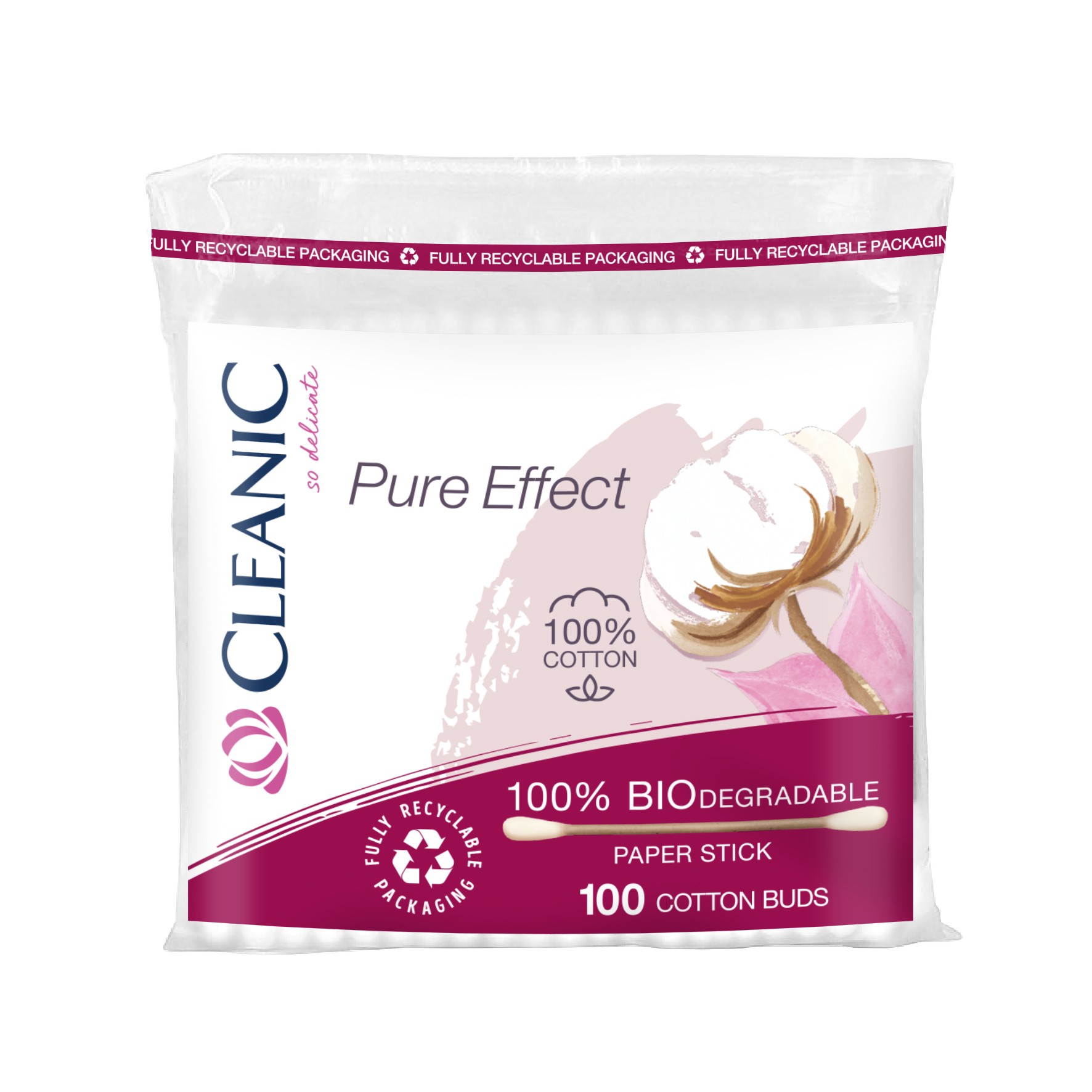 Cleanic Pure Effect bavlnené tyčinky -100% biologicky odbúrateľné 1op.-100ks (fólia)